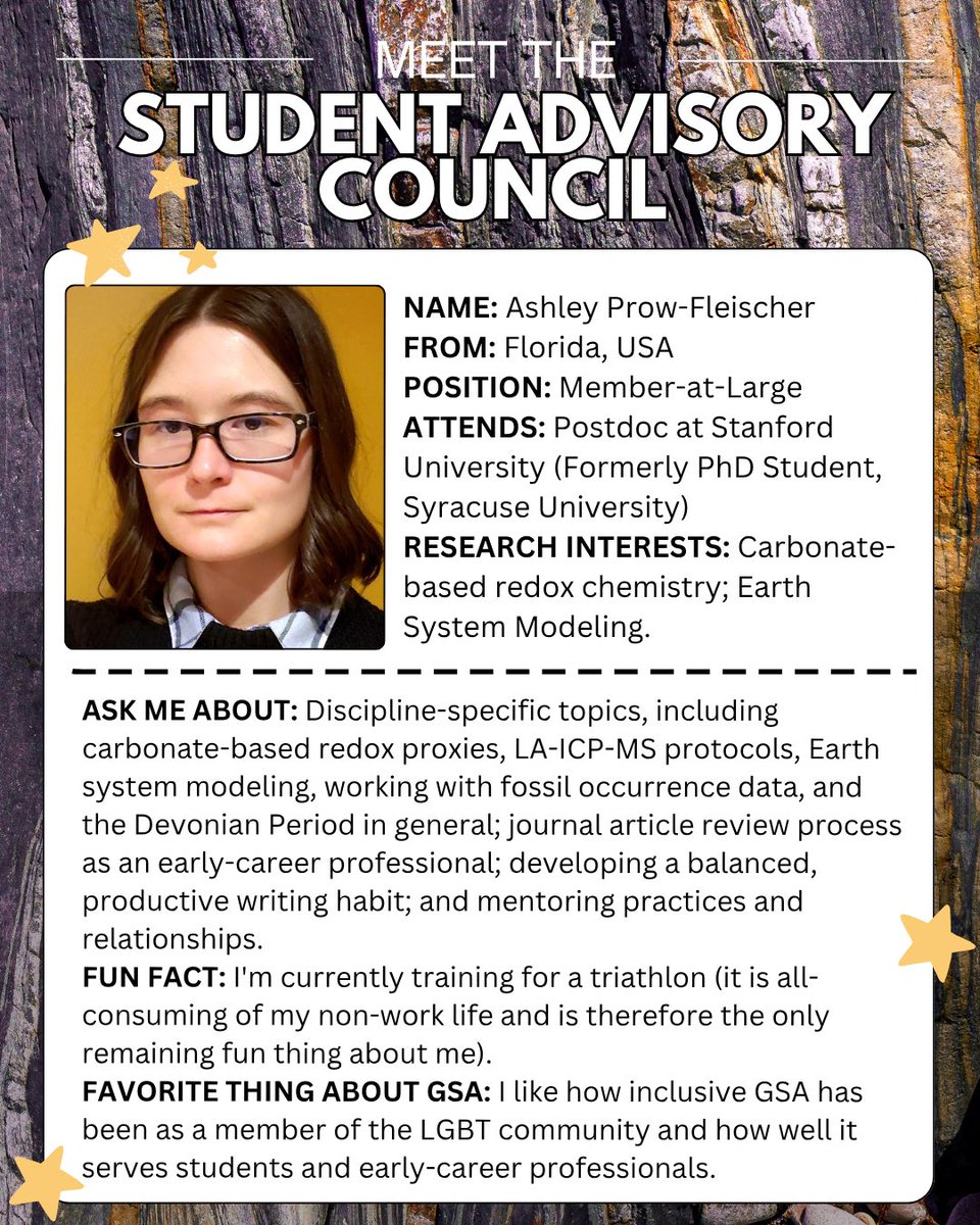GSA_SAC's tweet photo. Meet Ashley Prow-Fleischer!

Member-at-Large of the @GSA_SAC and a Postdoc at Stanford University (Formerly PhD Student, Syracuse University), where they focus on carbonate-based redox chemistry; Earth System Modeling. https://t.co/Zny1VmR7Z1