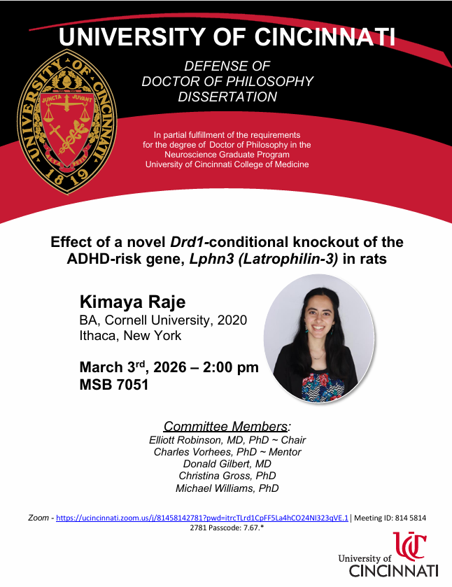 UCNeurosci's tweet photo. Congratulations the NGP's newest graduate, Dr. Kimaya Raje.  Kimaya, an MSTP student who will be returning to med school for year 3, presented "Effect of a novel Drd1-conditional knockout of the ADHD-risk gene, Lphn3 (Latrophilin-3) in rats." https://t.co/3WXFmhGXH9