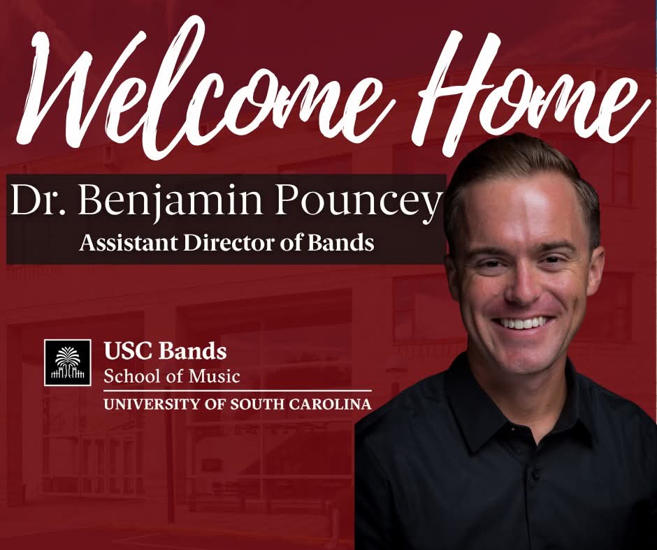 TheCarolinaBand's tweet photo. Congratulations and welcome home to our own Dr. Benjamin Pouncey, who has recently been named our new Assistant Director of Bands!
We are thrilled to have Dr. Pouncey continue serving our wonderful students. #USCBands https://t.co/IFAo11vzkP