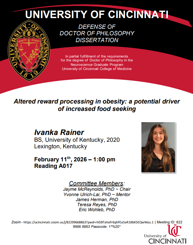 UCNeurosci's tweet photo. Congratulations to Dr. Ivanka Rainer, who defender her thesis “Altered reward processing in obesity: a potential driver of increased food seeking" in February.  Dr. Rainer is now a feasibility coordinator at Medpace.  Congratulations, Dr. Rainer! https://t.co/PUVeNlbtFD