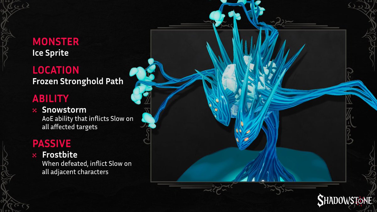 sunderfolk's tweet photo. You’ll have to deal with these embodiments of frost in the Frozen Stronghold Path. ❄️

They’ll attack by flinging an area-of-effect frostball that slows all targets, AND explode when defeated, slowing anyone nearby 🥶

#Shadowstone https://t.co/Fc8JdgdvQc