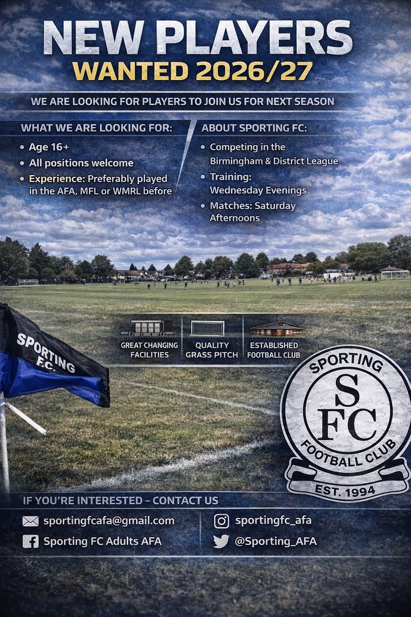 Sporting_AFA's tweet photo. Sporting FC 2026/27 ⚽️

We are looking for new players to come on board for next season and strengthen the squad that we are currently building 👌🏽

If you're looking for a new challenge we want to hear from you!

- Great Facilities 
- Established Football Club

Get in touch ⚽️ https://t.co/v85eYyBExS