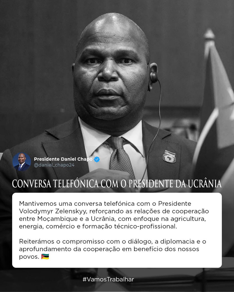 Conversa Telefónica com o Presidente da Ucrânia: Novo Impulso à Cooperação

Mantivemos hoje, 23 de Março, uma conversa telefónica com o Presidente <a href="/ZelenskyyUa/">Volodymyr Zelenskyy / Володимир Зеленський</a>, no quadro do reforço das relações de amizade e cooperação entre Moçambique e a Ucrânia, com enfoque nas áreas da