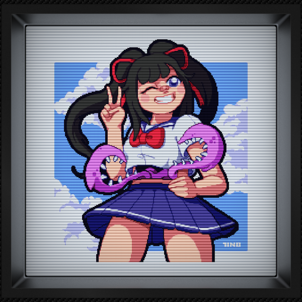 tinomadethat's tweet photo. Newest commission!🎀✨

Inspired by Sakura's hyper combo screen art from Marvel vs. Street Fighter.
#pixelart #픽셀아트 #ドット絵 https://t.co/9r72ouf5dA