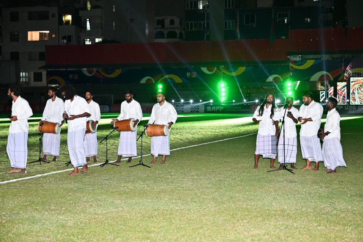 presidencymv's tweet photo. Vice President Uz @HucenSembe attends the SAFF U20 Championship 2026 opening ceremony at the National Football Stadium. 

The Maldives U20 vs Sri Lanka U20 opening match kicked off the historic occasion as Maldives hosts a youth SAFF tournament for the first time. 

#SAFFU20Championship2026
