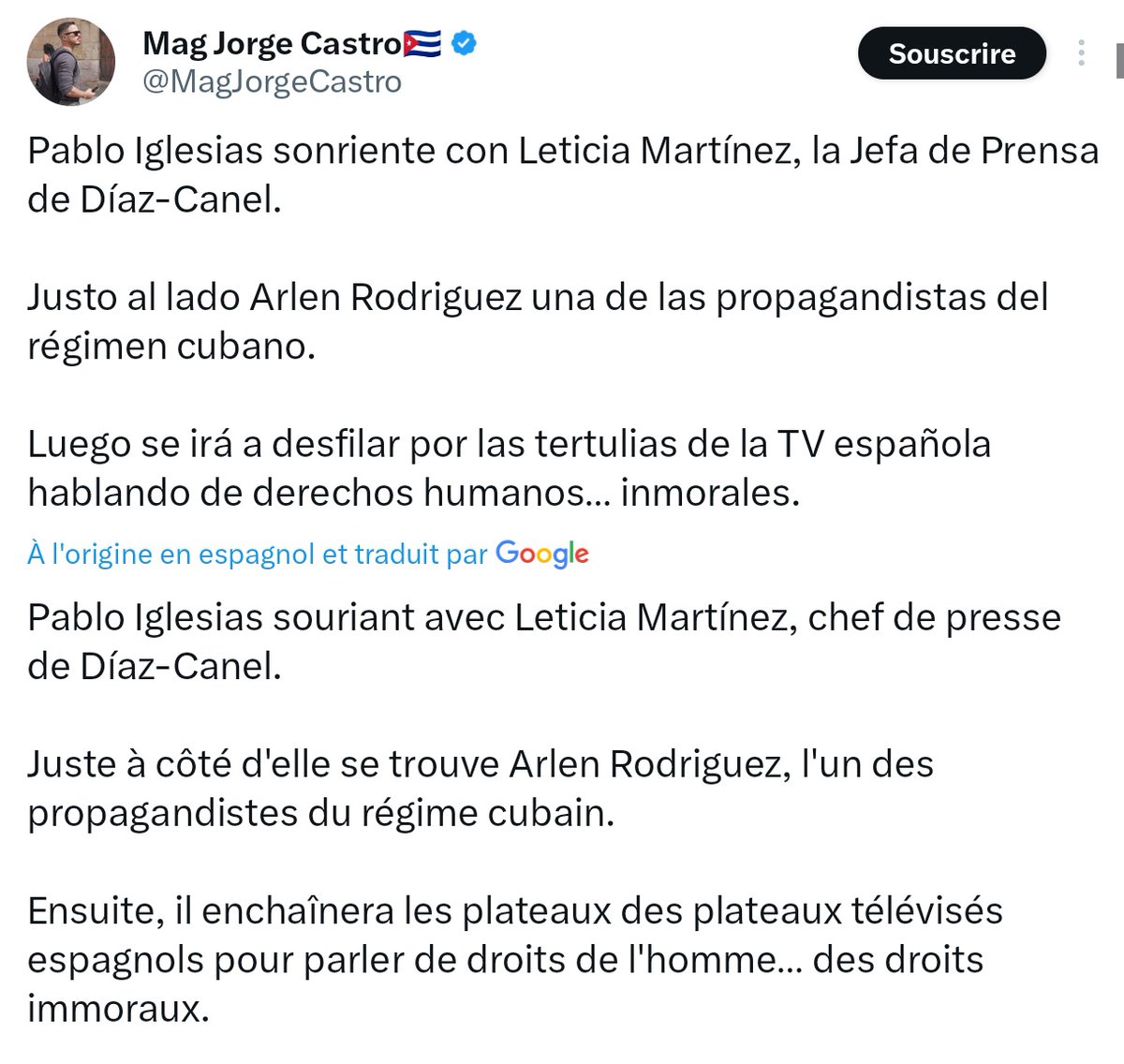 HannahStasi's tweet photo. @JLMelenchon @almaplustv @emma_frr .@pabloiglesias qui écoute religieusement @DiazCanelB débiter ses mensonges sur le rôle des #Cubain auprès de #Maduro et prend la pose avec sa chargée de com', via @MagJorgeCastro 👇
https://t.co/lsyZ41pudq https://t.co/z5XLdAzK9I