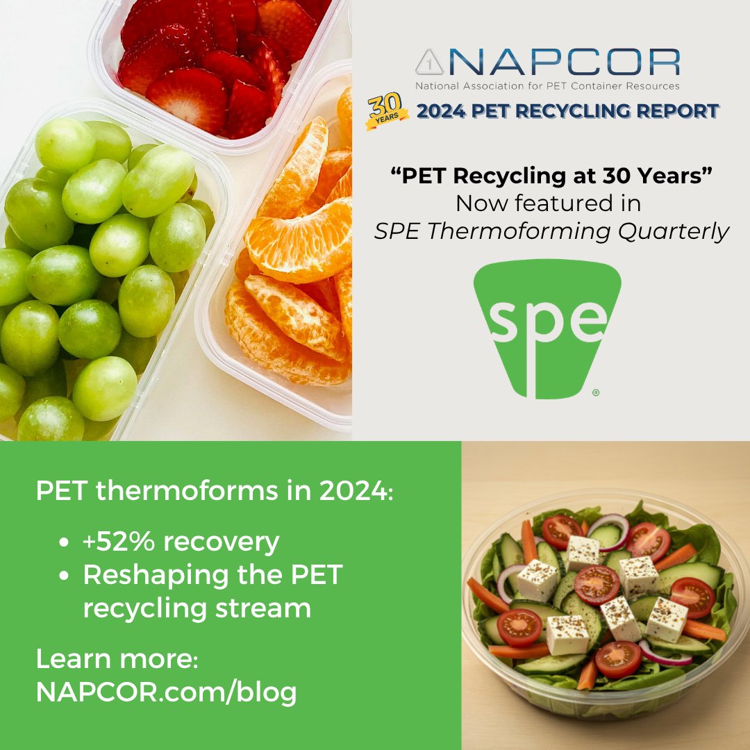 NAPCOR_PET's tweet photo. Our data is reaching new audiences—&amp; 𝐭𝐡𝐚𝐭 𝐦𝐚𝐭𝐭𝐞𝐫𝐬. A summary of NAPCOR’s 2024 PET Recycling Report is featured in SPE Thermoforming Quarterly, published by @SPEThermo, highlighting how PET thermoforms are reshaping the recycling stream. 🔗 https://t.co/lPoqCJeHra https://t.co/tK3IlB8wgH