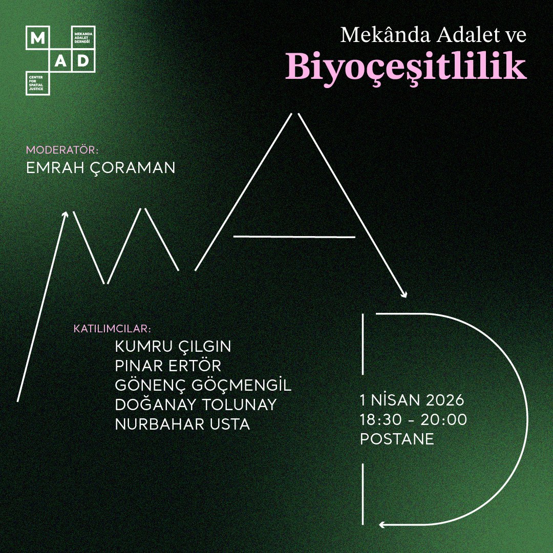 mekandaadalet's tweet photo. 📣 TANITIM ETKİNLİĞİ: https://t.co/Wy9j9P1fx5 “Mekânda Adalet ve Biyoçeşitlilik” 
🗓 1 Nisan Çarşamba 
🕒 18:30 - 20:00
📍 Postane, Galata, İstanbul 

⬇️ 📖 https://t.co/Wy9j9P1fx5’un 17’nci sayısı “Mekânda Adalet ve Biyoçeşitlilik” çıkıyor! Biyoçeşitliliği doğa koruma, politika, toplumsal mücadeleler, kent planlama, kültürel hafıza ve hak temelli yaklaşımlar bağlamında ele alan sayıyı, 1 Nisan’da Postane’de yüz yüze gerçekleşecek tanıtım etkinliğinde konuk editör ve yazarları ile birlikte konuşacağız.  Bu sayı, biyoçeşitliliği farklı türlerin ve toplumsal yaşamın sürekliliğini mümkün kılan müşterek bir yaşam altyapısı olarak düşünmeye davet ediyor. Etkinlikte, biyoçeşitlilik kaybını durum, politika, ekosistemler ve bellek eksenlerinde ele alacak; ekosistem dönüşümlerinden mekânsal planlama ve karar süreçlerine, Marmara çevresindeki mekânsal-ekolojik dinamiklerden doğa tarihi müzelerine ve biyoçeşitliliğin belleğine uzanan başlıkları ortak bir tartışmada buluşturacağız.  

Moderatör: Emrah Çoraman 
Konuşmacılar: Kumru Çılgın, Pınar Ertör, Gönenç Göçmengil, Doğanay Tolunay, Nurbahar Usta  

📕 Yeni sayıyı anlaşmalı kitapçılardan ve etkinlik sırasında etkinlik mekânından temin edebilirsiniz.  🔗 
Katılım formu: https://t.co/dyAAwrWp7E #beyondistanbul #mekandaadalet #mekandaadaletvebiyoçeşitlilik #biyoçeşitlilik #biyolojikçeşitlilik