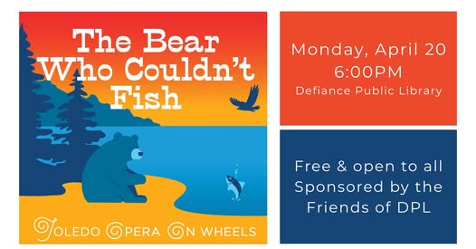 dplslibraries's tweet image. Join us for a night at the Opera in celebration of National Library Week! The Toledo Opera’s ‘Opera On Wheels’ will visit DPL on 4/20 at 6PM to tell us the story of the Bear Who Couldn’t Fish, based on a Lakota legend titled 'Mato.' Free &amp;amp; open to all!