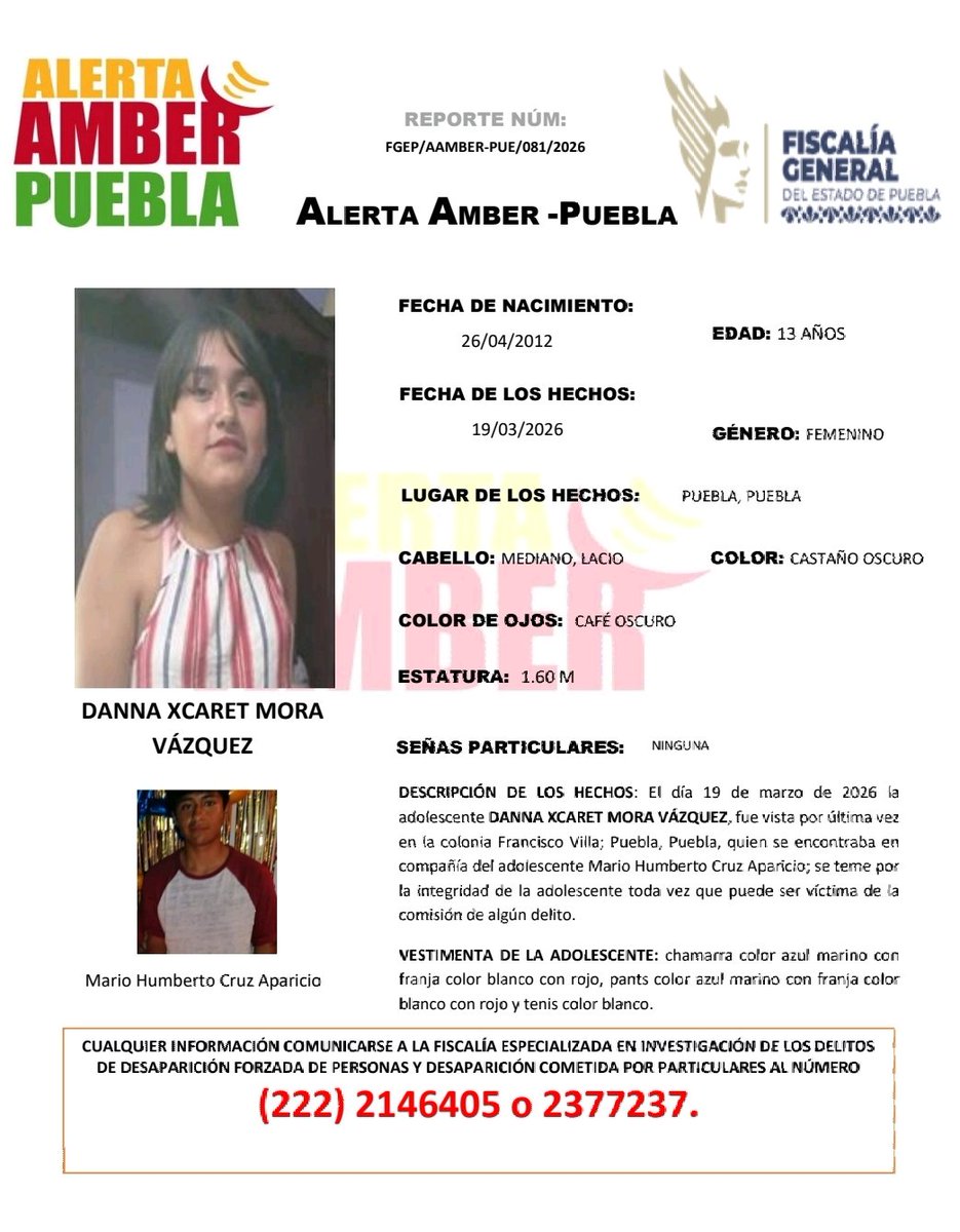 aamber_pue's tweet photo. #AlertaAmber | Solicitamos su apoyo para la búsqueda y localización de la adolescente DANNA XCARET MORA VÁZQUEZ, de 13 años de edad y del adolescente MARIO HUMBERTO CRUZ APARICIO, de 14 años de edad.

Fueron vistos por última vez en Puebla, Puebla. https://t.co/JrwsvjFmFZ