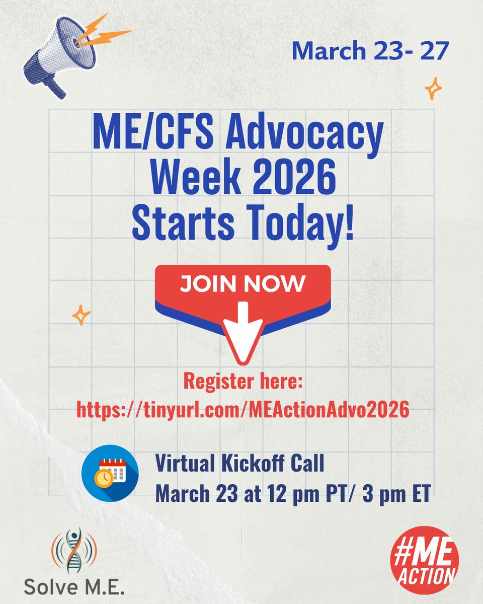 ME/CFS Advocacy Week 2026 starts today and it's not too late to join! <a href="/PlzSolveCFS/">Solve ME/CFS Initiative</a> &amp; @meactnet are building the case to make ME/CFS part of standardized medical education.
Register: tinyurl.com/MEActionAdvo20…

Virtual kickoff call today at 12 pm PT/ 3 pm ET!

 #MECFS  #pwME