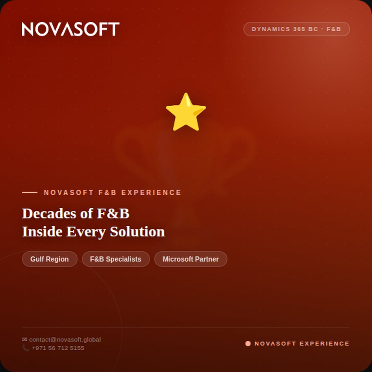 NovasoftGlobal's tweet photo. There are ERP vendors. And ERP partners who've spent decades inside F&amp;B operations. Novasoft's F&amp;B experience: 
⭐Central kitchen &amp; yield management 
⭐Multi-outlet inventory controls 
⭐Multi-entity finance &amp; settlement 
⭐Gulf compliance That's not a feature. That's experience. https://t.co/KMV5FEw81C