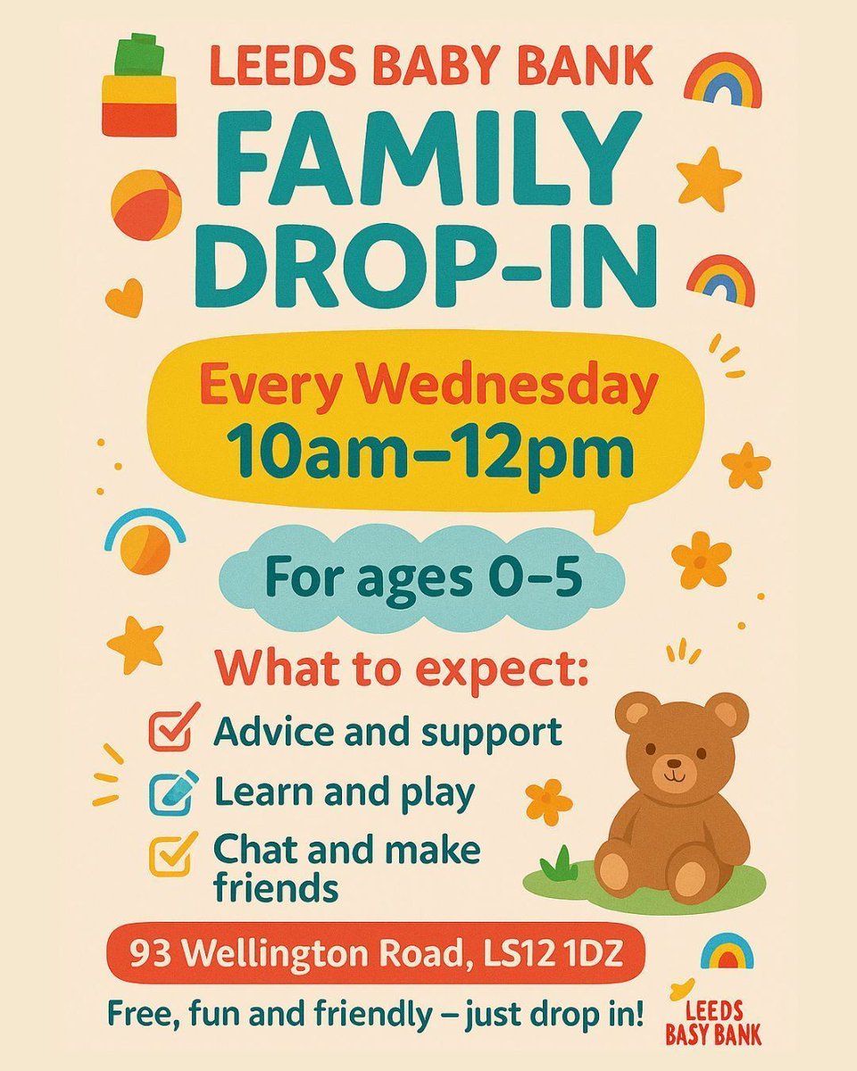 leedsbabybank's tweet photo. Hey Leeds parents! 👋 Looking for a midweek moment of sanity joy?
Our Family Drop-In is open every Wednesday, 10am–12pm! For ages 0–5: come play, chat, learn and meet other fab families.
Totally free, super friendly, and full of fun. Come as you are — all welcome 😂🧸💛 https://t.co/UnKMVOxzbi