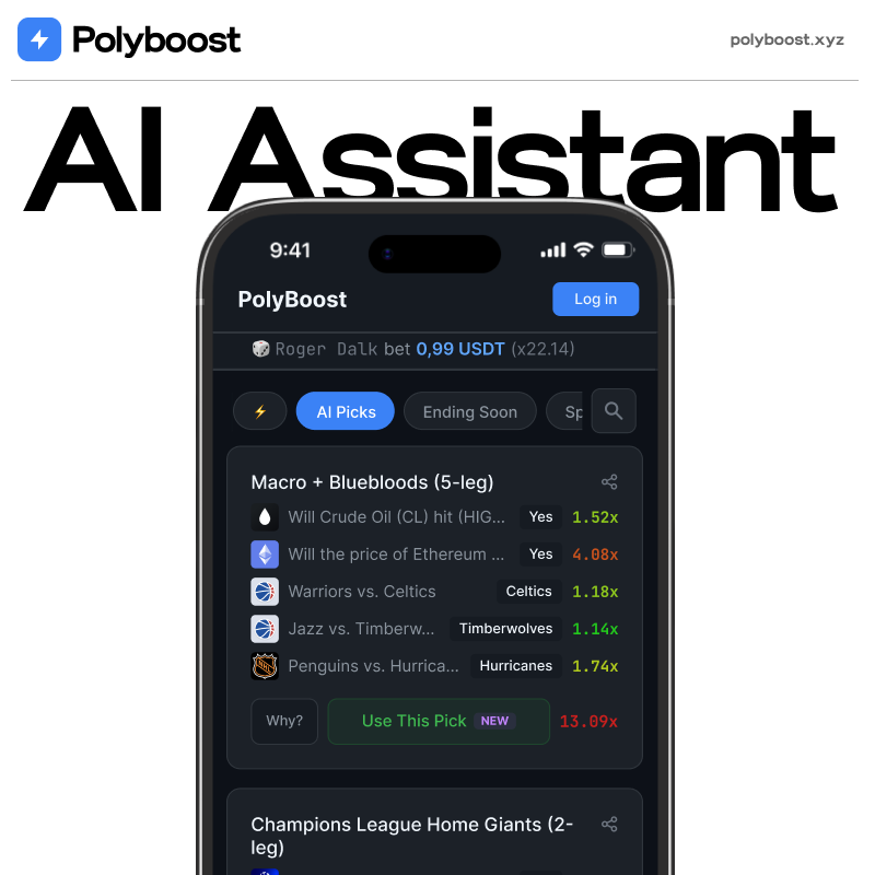 polyboostxyz's tweet photo. AI betting assistant

The first built-in assistant for @Polymarket events

Automatically builds 5 parlays across different markets and explains the reasoning behind each one

All you have to do is place