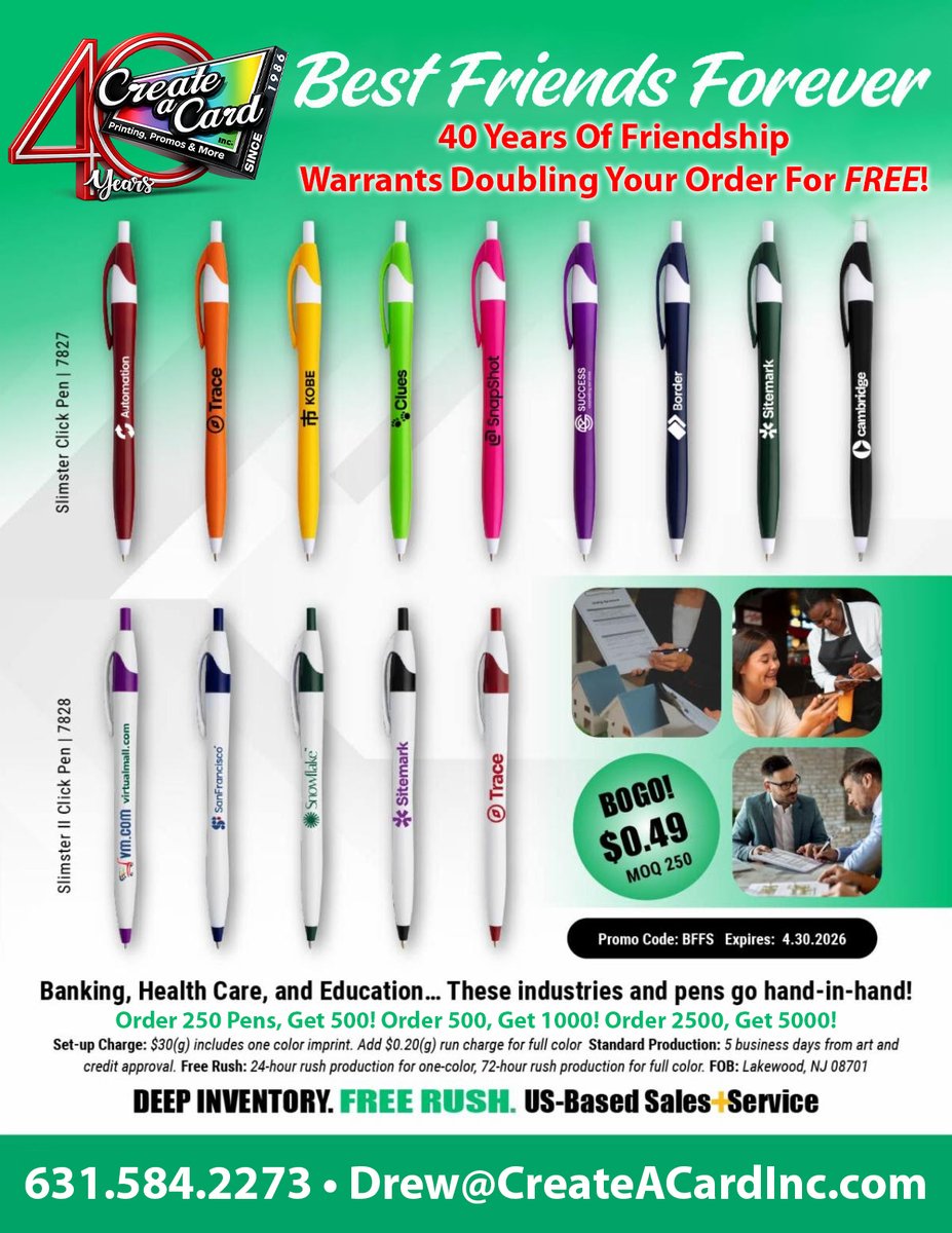 Buy One, Get One FREE on the Slimster Click Pens ✍️

Now you get DOUBLE the exposure for the same budget!!

Check them out:
createacardinc.com/Slimster-Click…
createacardinc.com/Slimster-II-Cl…

Let’s get your brand in their hands 😉