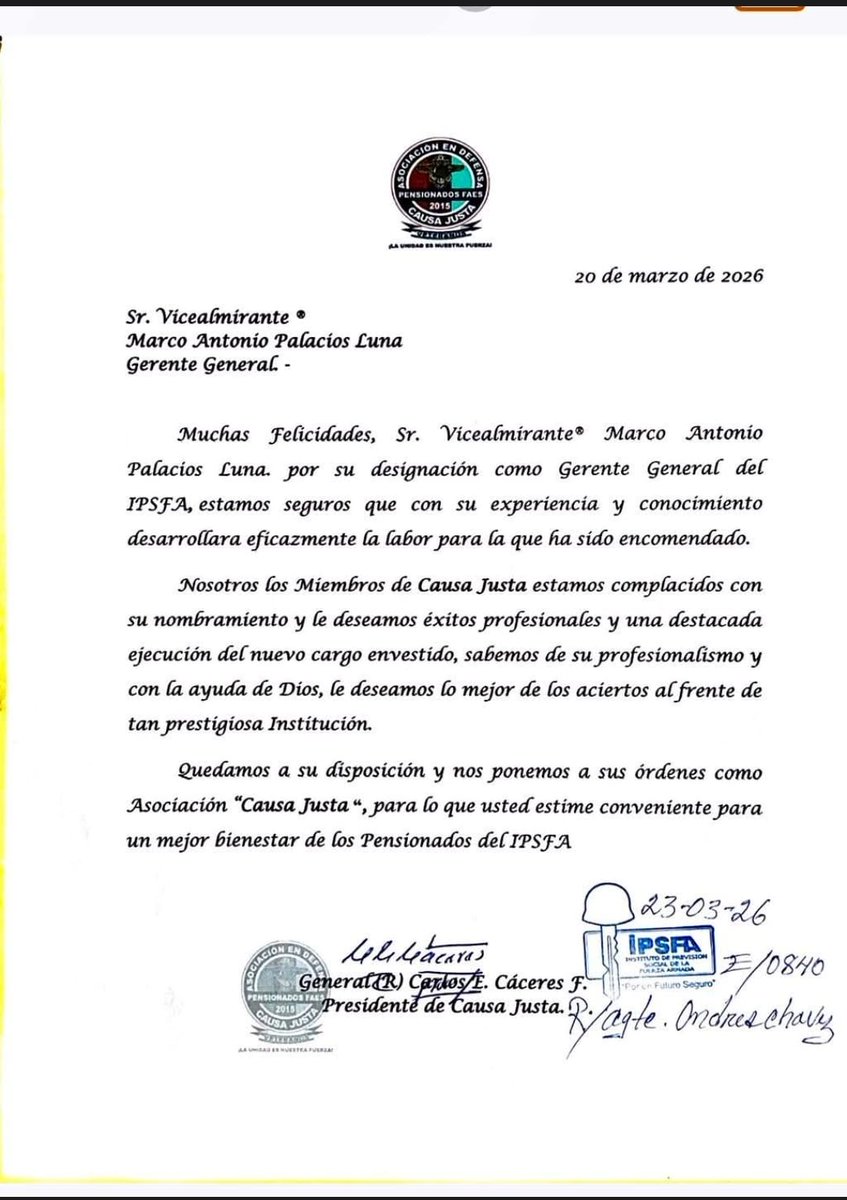 Este día "Causa Justa" envío una carta de felicitación al nuevo Gerente General del IPSFA, Sr. Vicealmirante® Marco Antonio Palacios Luna. estamos seguros que con su experiencia y conocimiento desarrollara eficazmente la labor para la que ha sido encomendado. Felicitaciones
