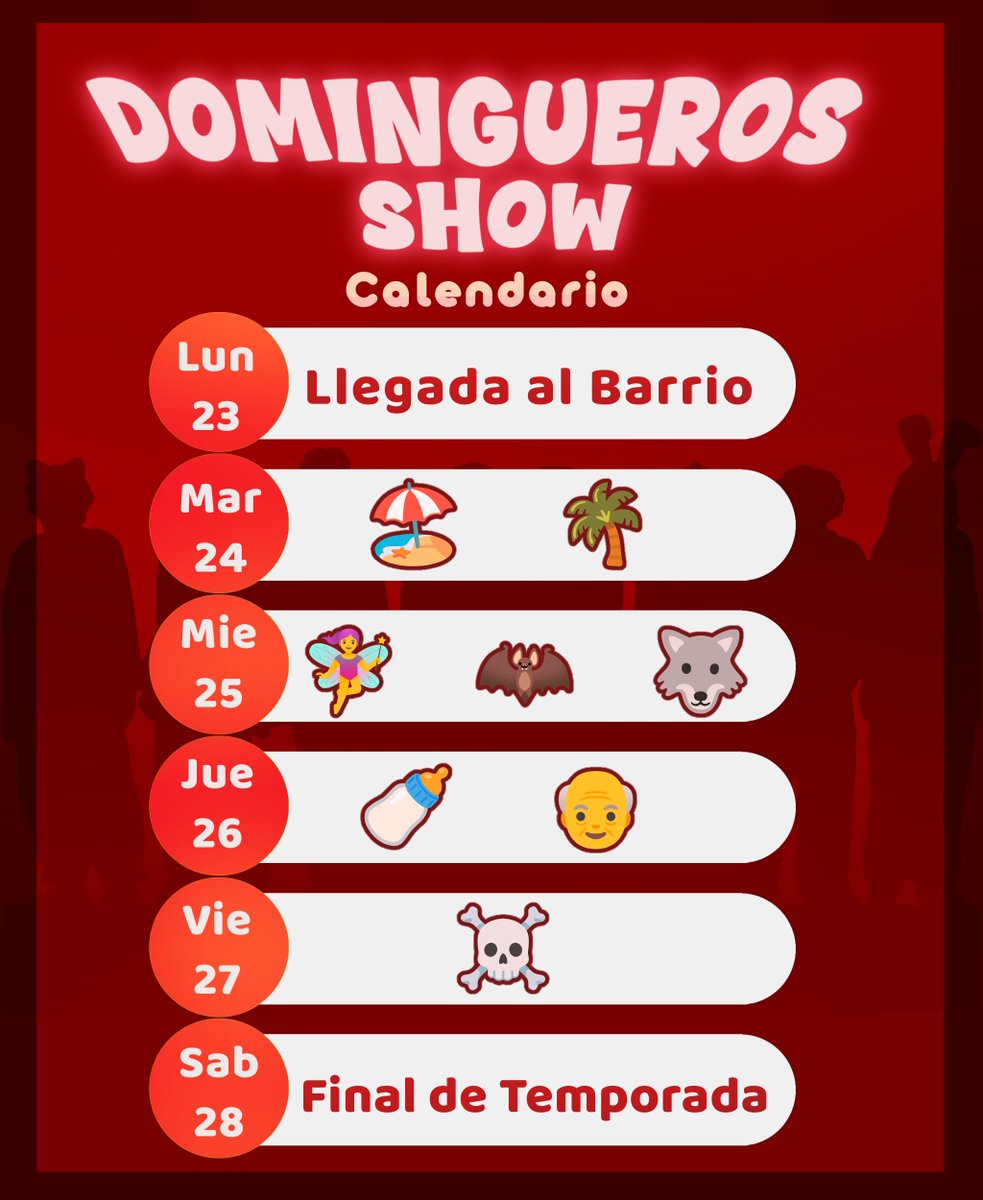 Calendario de Domingueros Show 🌹

Nos vemos hoy!
🇲🇽 15:30
🇺🇾🇨🇱🇦🇷 18:30
🇵🇪 16:30
