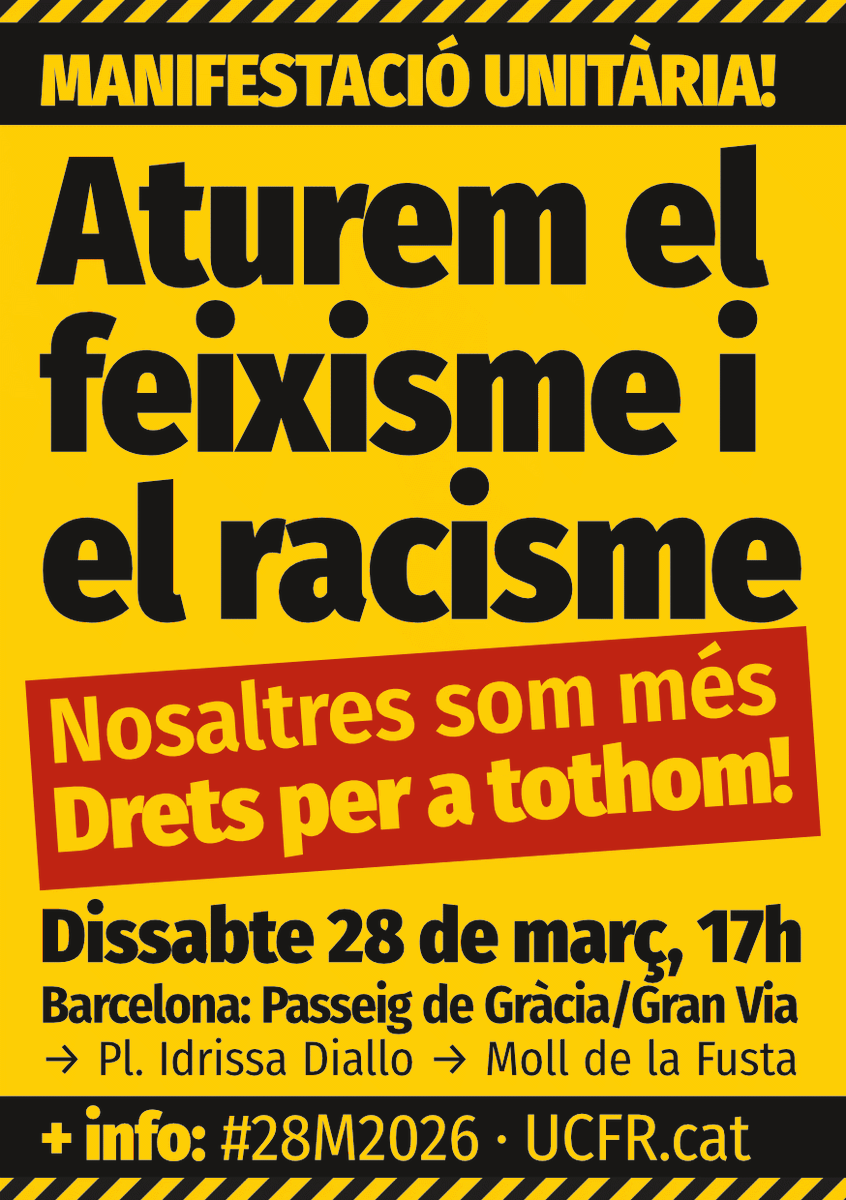 👉Aquest dissabte #28 de març: totes al carrer!

🔑 La clau som els #barris: aturem el #feixisme i #racisme de socarrel!

⏰17h Pg. de Gràcia amb Gran Via
Fins a la Plaça Idrissa Diallo-Moll de la Fusta

+ info: ucfr.cat