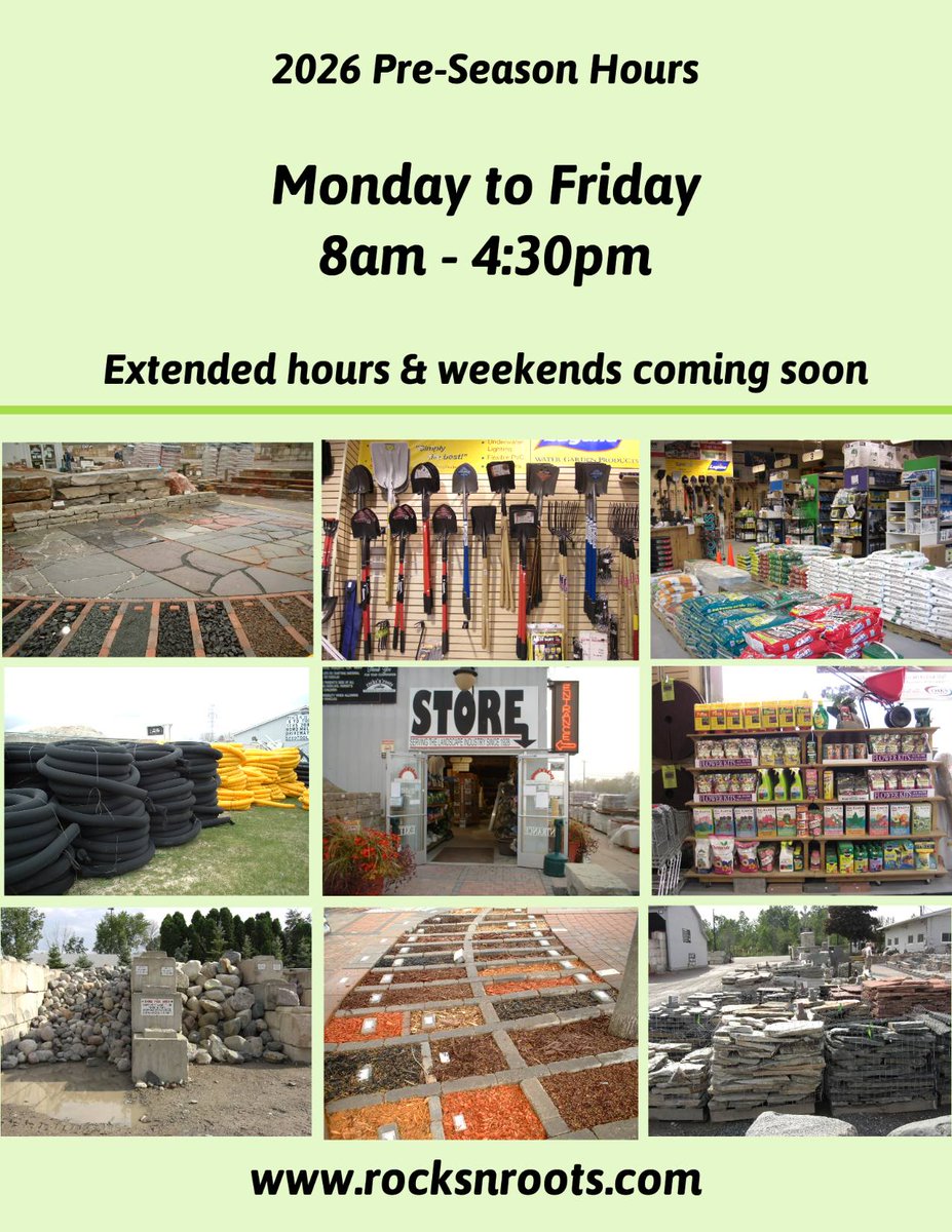 rocksnroots's tweet image. Our hours will extend once the seasonal "frost laws" are lifted, allowing us to deliver materials to you.  Feel free to bring your truck or trailer in to get loaded until then. #landscape #topsoil #Pond #stone #diy #mulch #brick #pavers #astroturf #Boulders #flagstone #wallstone