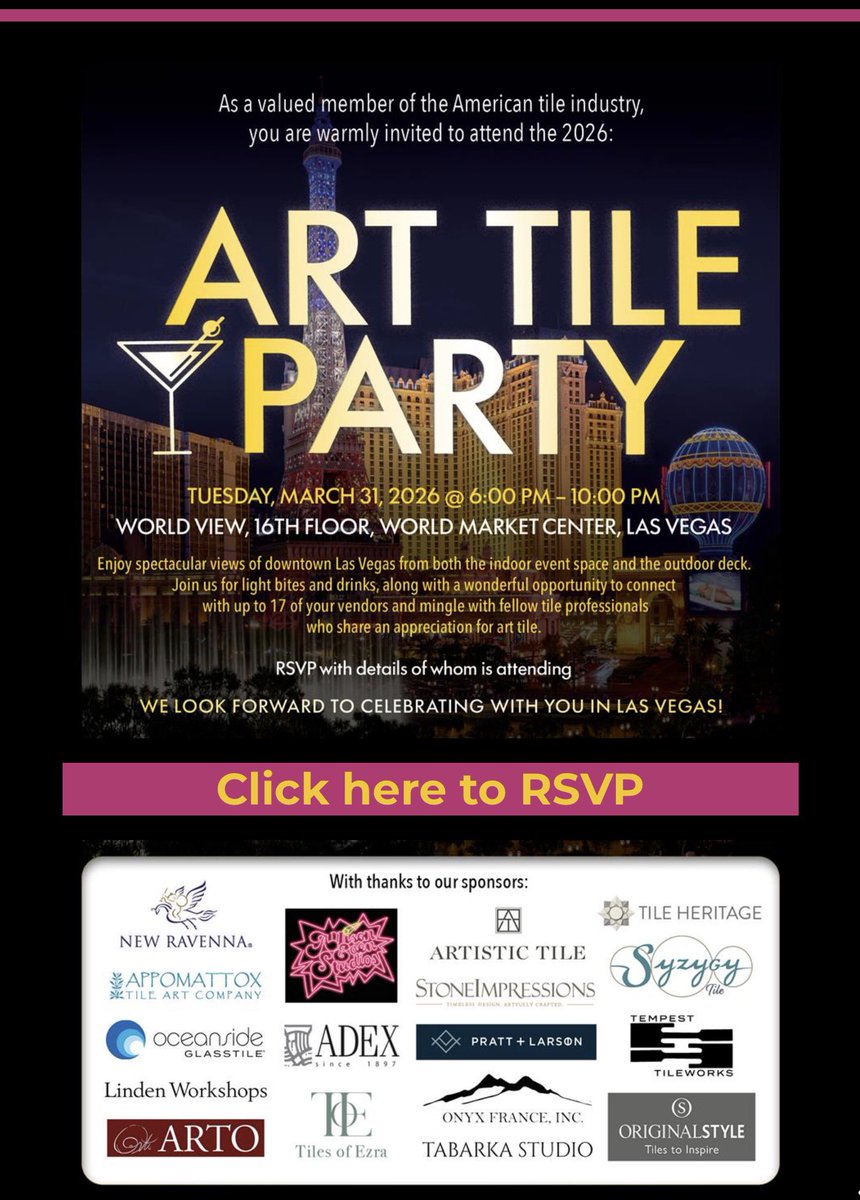 We’re a sponsor for the Art Tile Party on Tuesday at <a href="/Coverings/">Coverings</a>. Will you be at Coverings, let me know. 
#Coverings2026