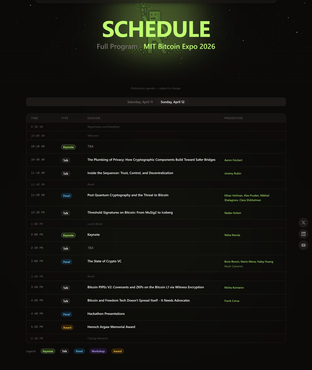 MITBitcoinClub's tweet photo. The Agenda is Live 🔥 

Two days of highly-focused Bitcoin talks and panels 🎯

April 11-12

At the Stata Center at MIT, in Cambridge, Massachusetts

We're less than three weeks away ⏳

Get your tickets now 

https://t.co/LZzEtPNWK6 https://t.co/MmRUXzg9wU