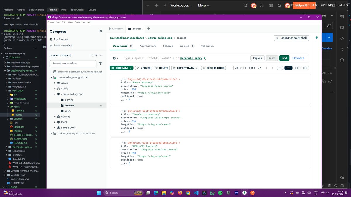 1amWaziR's tweet image. 🚀Built a Course Selling Backend API today.

- role based access (admin/user)
- admin can create &amp;amp; purchase courses
- userr can view and purchase course
- mongoDB + express
- middleware based authentication
- RESTful API structure with modular routing

#backend #mongodb #nodejs