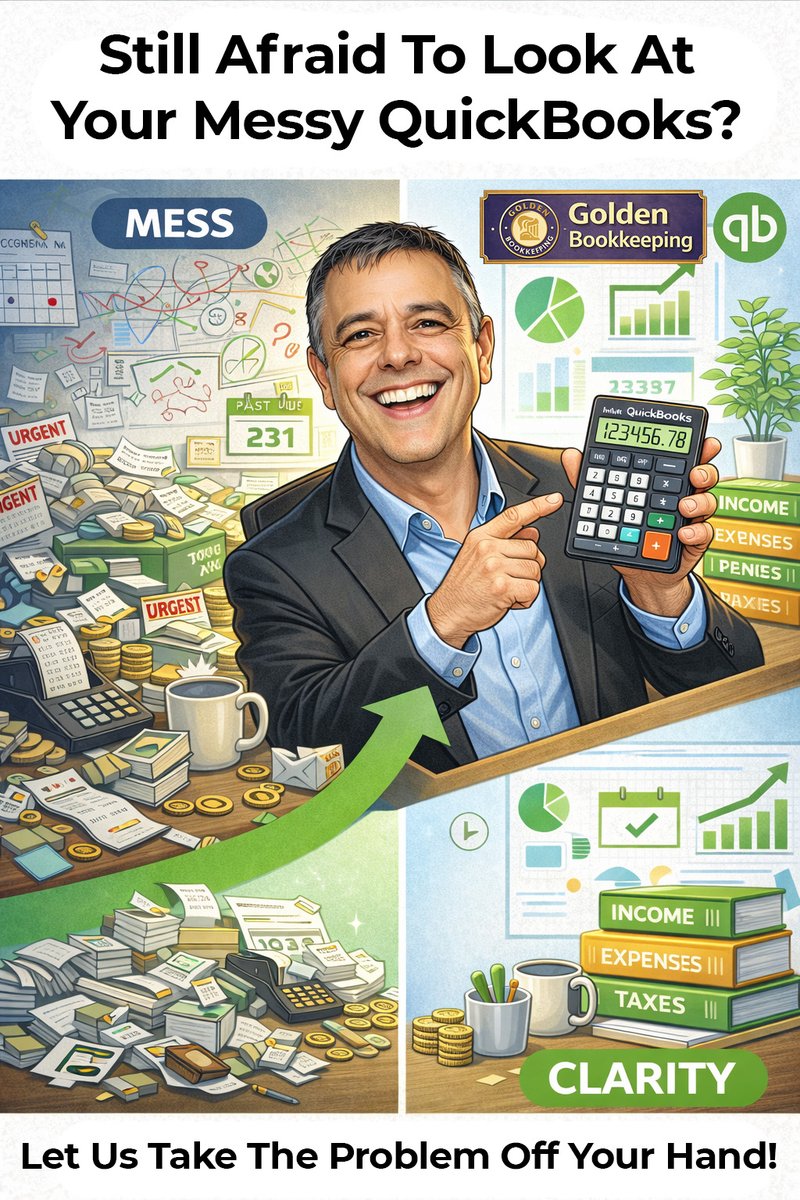 Golden_Bookkeep's tweet photo. Are your QuickBooks still a mess? Let Golden Bookkeeping take that problem off your hands and clean them up so you can focus on growing your business! https://t.co/LQWKW7iBn9