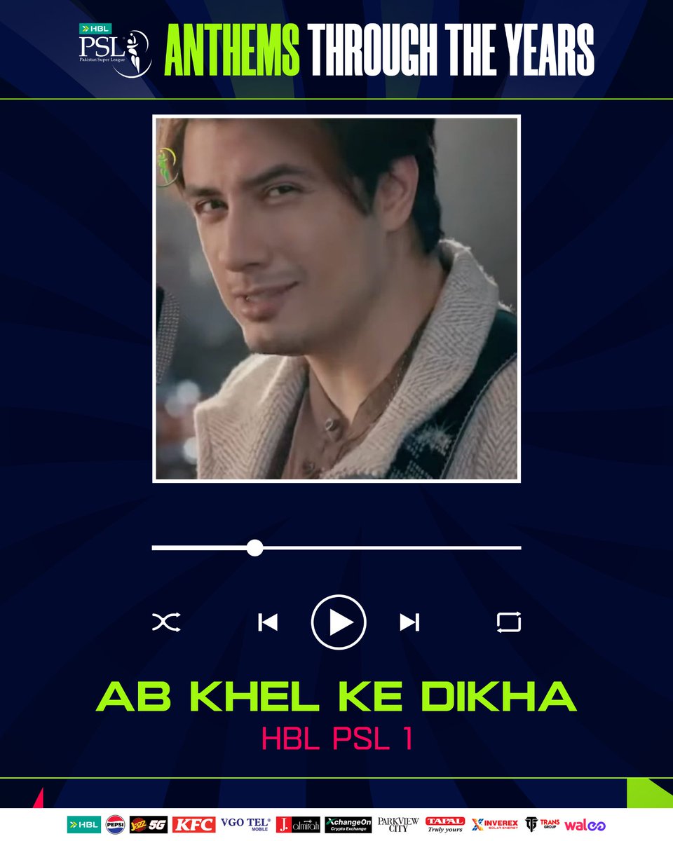 thePSLt20's tweet photo. "Crowd ke shor mein ab pure zor mein, tu zameen ko hila de aaj!" 🔥💃

​The one that started it all. In 2016, Ali Zafar’s "Ab Khel Ke Dikha" launched a revolution. From this first beat, the HBL PSL legacy was born.

​Are you ready? The #NewEra anthem arrives next. 👀⌛

​#HBLPSL11 | #StrongerPepsi | #PepsiPakistan