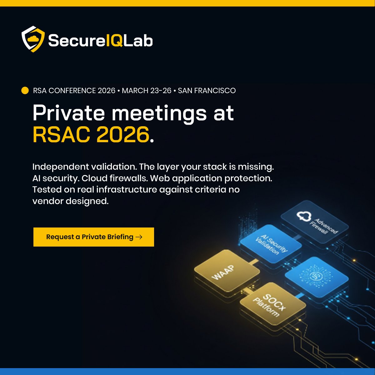 SecureIQlab's tweet photo. Independent validation—the layer your stack is missing.

At #RSA2026 with real data:
📊 ACFW Report—12 vendors
🤖 1st Independent AI Security Validation
🌐 WAAP 5.0—AI Tests AI
💻 SOCx Live Demo

𝗕𝗼𝗼𝗸 𝗮 𝗯𝗿𝗶𝗲𝗳𝗶𝗻𝗴
https://t.co/yJ21cnzkfy

#CyberSecurity #AISecurity https://t.co/4BXiootvvi
