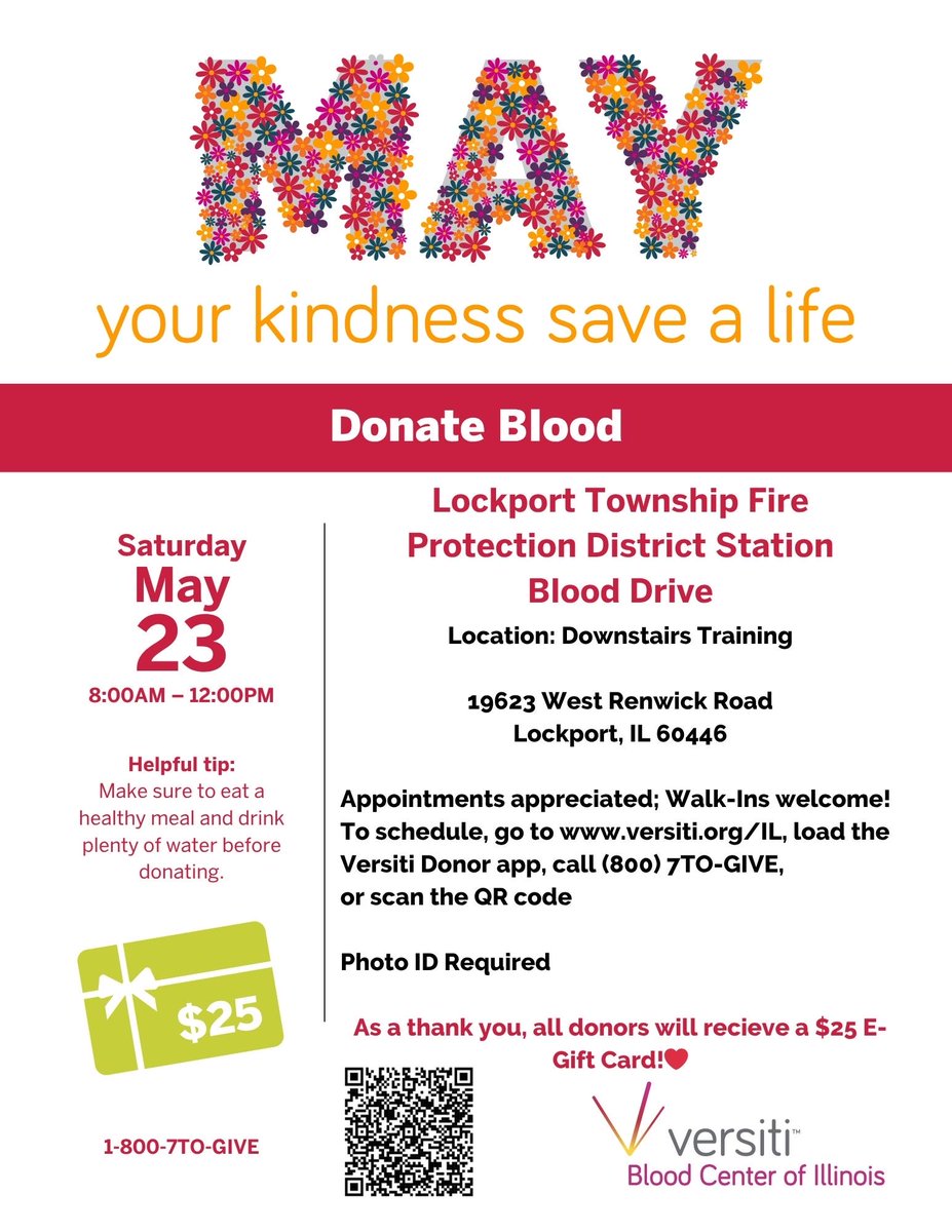 Give the gift of life.

The Lockport Township Fire Protection District is hosting a Blood Drive and we invite our community to come out and make a difference.

Date: Saturday, May 23
Time: 8:00 AM – 12:00 PM
Location: Lockport Township Fire Protection District
19623 W. Renwick