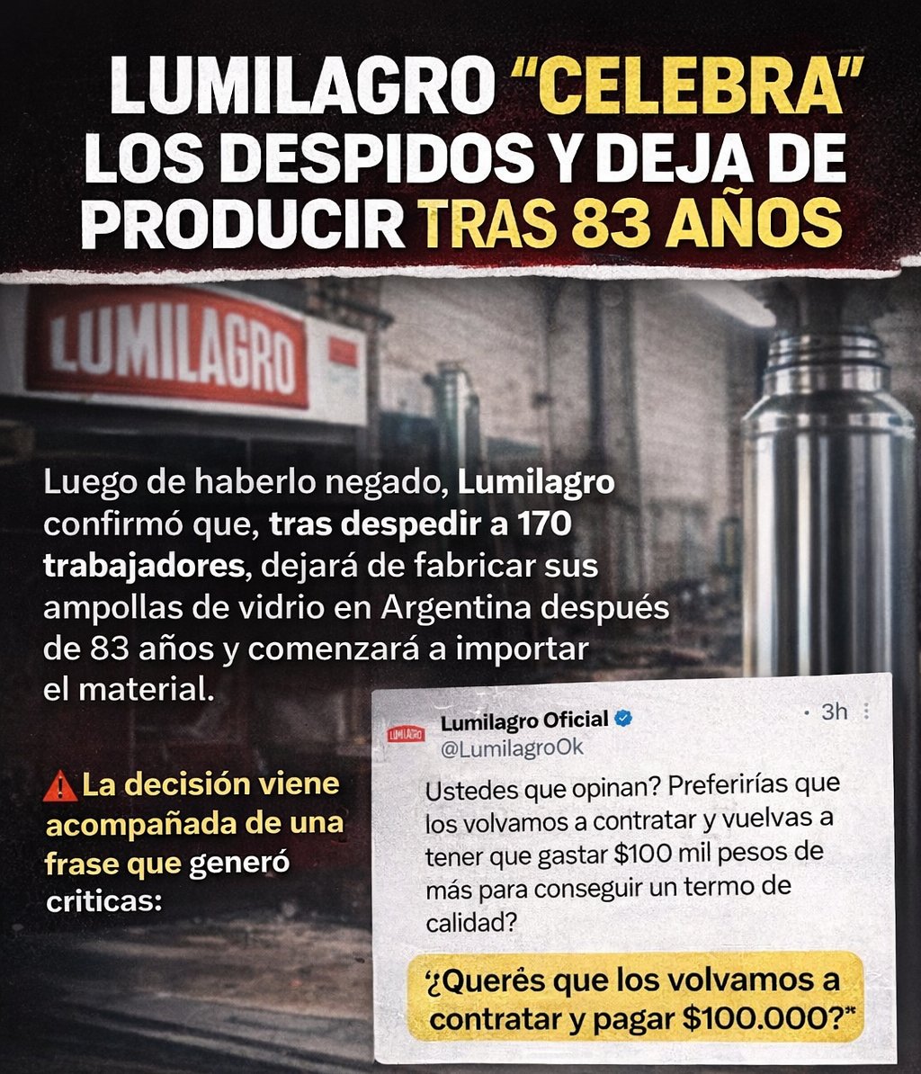 AgenciaElVigia's tweet photo. LUMILAGRO “CELEBRA” LOS DESPIDOS Y DEJA DE PRODUCIR TRAS 83 AÑOS

Luego de haberlo negado, Lumilagro confirmó que, tras despedir a 170 trabajadores, dejará de fabricar sus ampollas de vidrio en Argentina después de 83 años y comenzará a importar el material.

❗ La decisión viene acompañada de una frase que generó críticas:
🗣️ “¿Querés que los volvamos a contratar y pagar $100.000?”