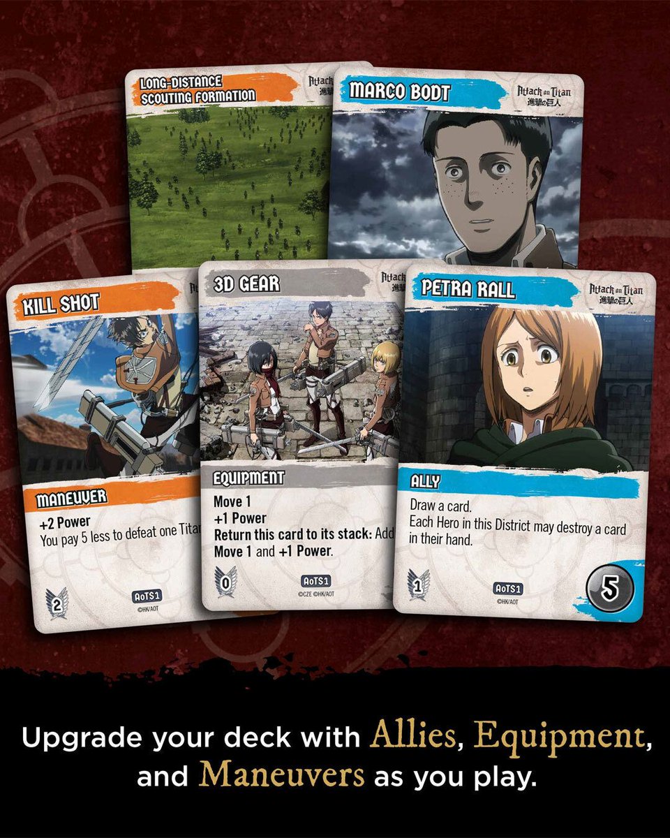 Archonia's tweet image. New Edition of the Classic Deck-Building Game!

This is the moment for war! Fearsome, giant creatures are attacking the last bastion of humanity and it’s up to you to stop them! 

archo.co/4rQfRkD

#AOT #AttackOnTitan #Deckbuilding #Cryptozoic #Boardgames #Cardgames