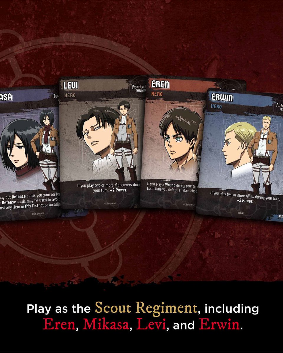 Archonia's tweet image. New Edition of the Classic Deck-Building Game!

This is the moment for war! Fearsome, giant creatures are attacking the last bastion of humanity and it’s up to you to stop them! 

archo.co/4rQfRkD

#AOT #AttackOnTitan #Deckbuilding #Cryptozoic #Boardgames #Cardgames