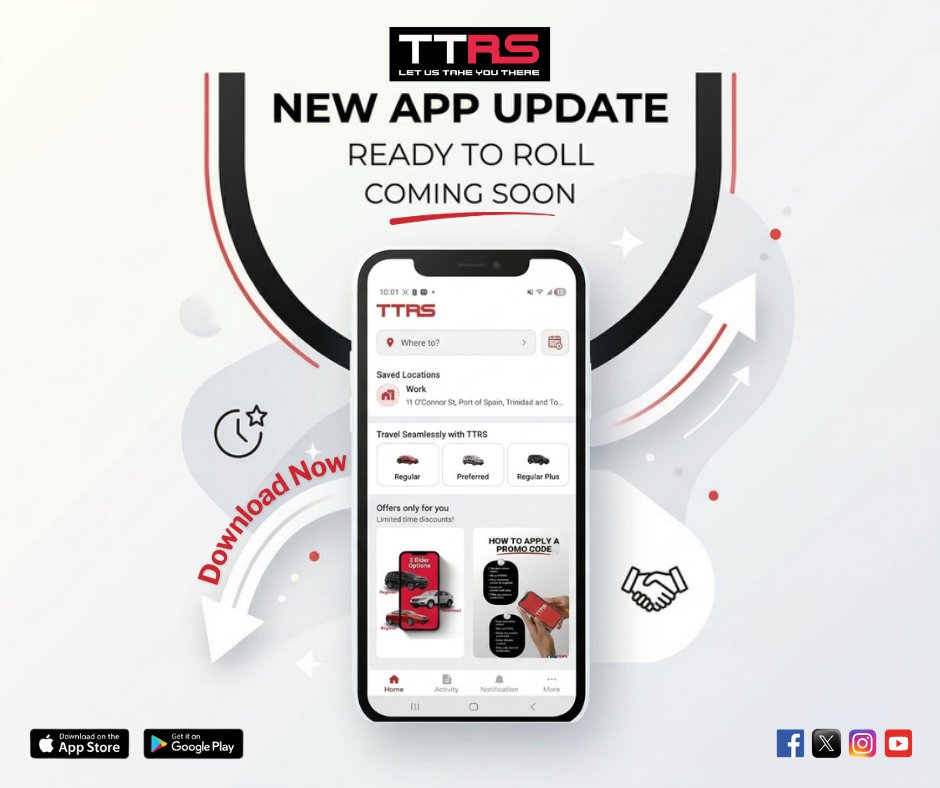 ttrideshare_'s tweet photo. Exciting news! Our NEW app update is here to make your travels even smoother. 🚗 

Book rides &amp; find amazing deals effortlessly! Stay tuned to be the first to experience the new TTRS! 
#TravelSmart #TTRS #AppUpdate https://t.co/ERboM5xyp1