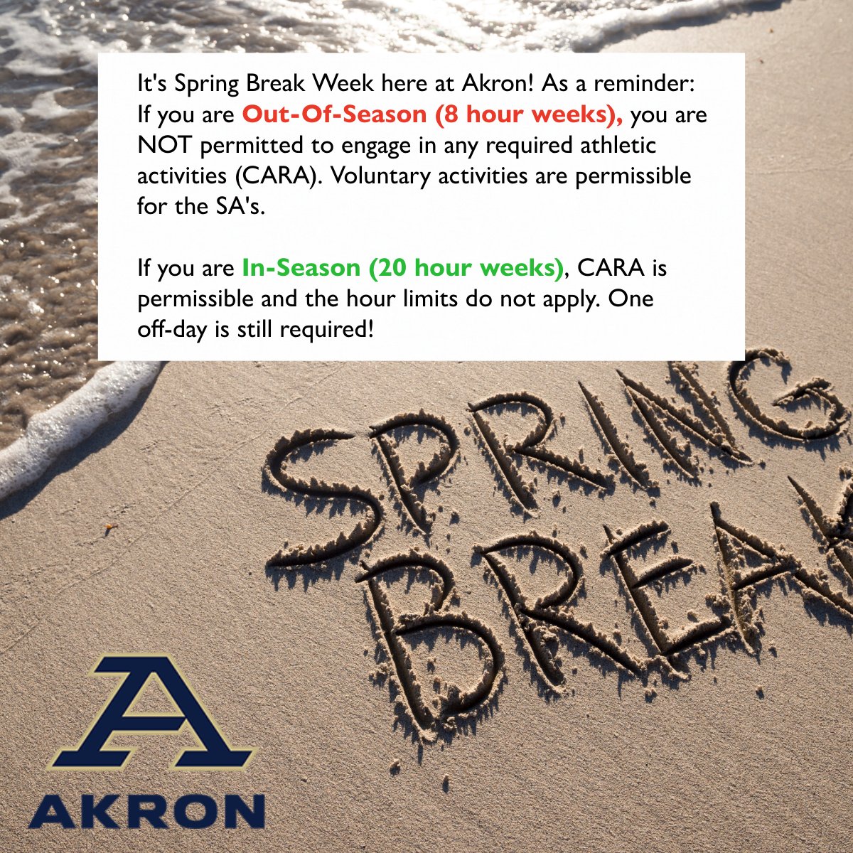 Spring Break Week here at Akron! See the reminders about CARA hours below. #springbreak #CARA #compliance