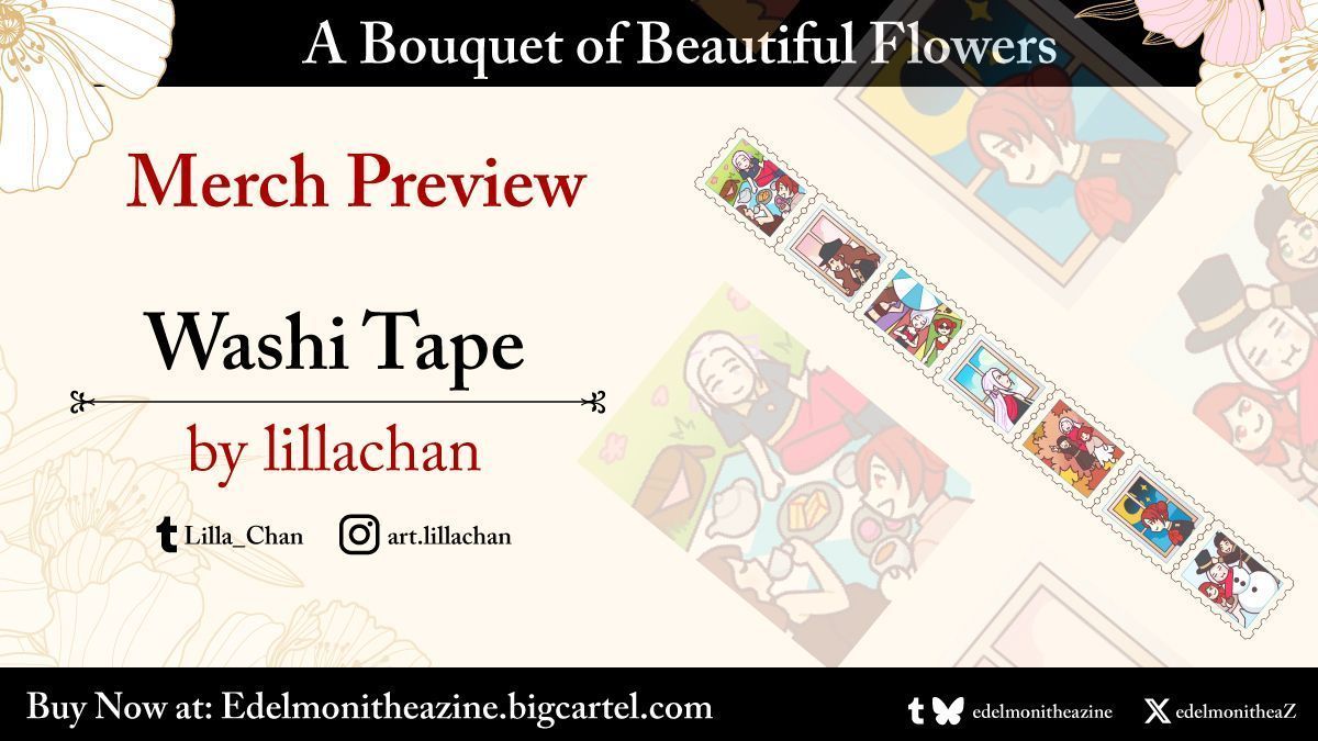edelmonitheaZ's tweet photo. 🌹 MERCH PREVIEW!🌹 

Our first merch preview is stamp washi tape, illustrated by @lilla_chan!  There's one for every season, and for every woman! 

All full bundles come with a copy of this tape.

Buy now: https://t.co/LnZrylCVX2 https://t.co/K2BIfT8qKW