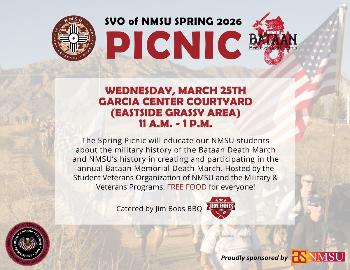 NMSUMVP's tweet photo. Join us &amp; the SVO this Wednesday (March 25th) for our Spring 2026 Picnic in honor of the Bataan Death March. We will have information tables from local veteran service orgs, FREE delicious food from Jim Bobs BBQ, &amp; fun games.   

Come by and network with the MVP family! https://t.co/yqGUnQfCr0