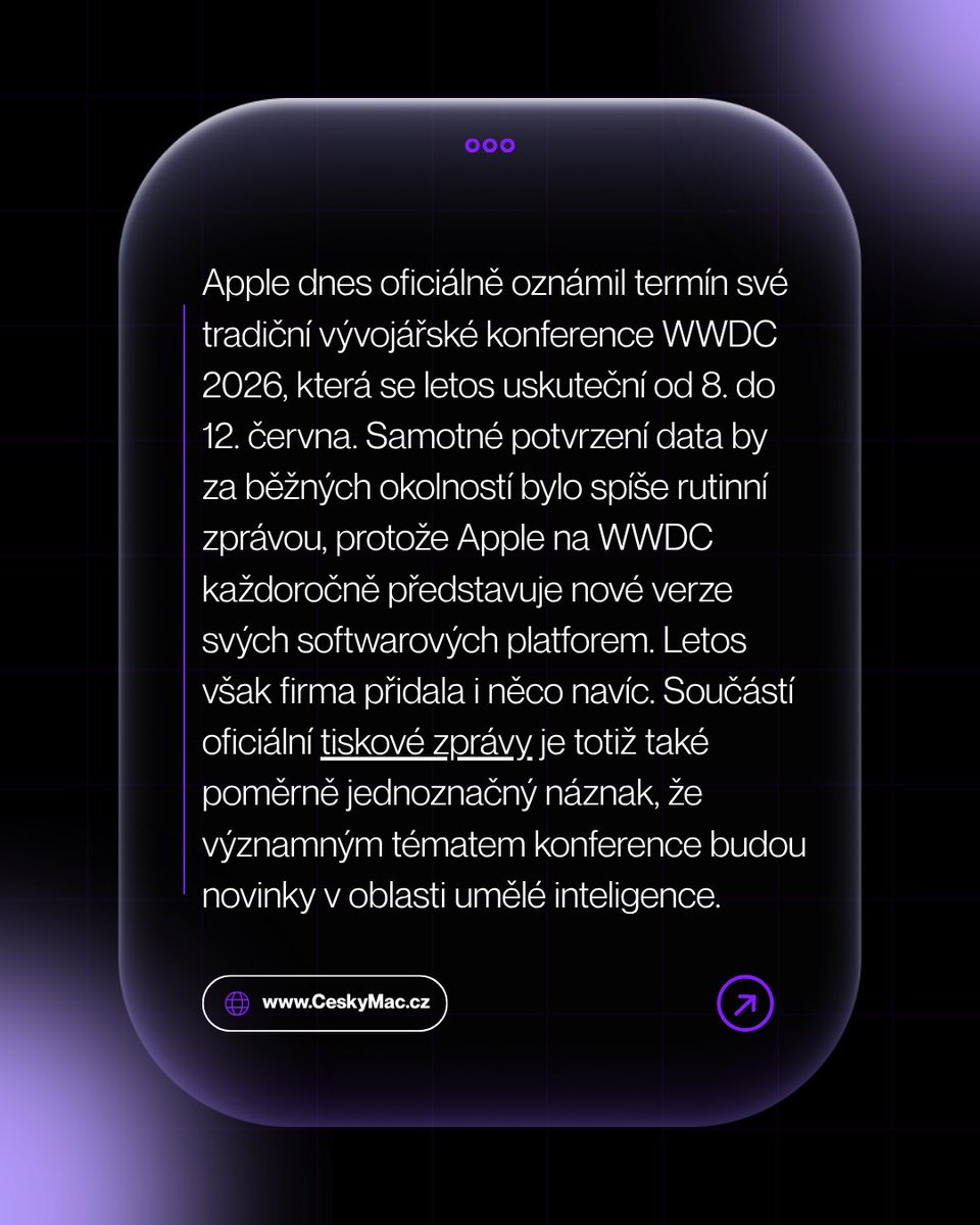 Apple v pozvánce na #WWDC26 neskrývá karty: AI je hlavní téma! 🍎🤖 Dočkáme se revoluce v iOS, nebo Apple „jen“ vylepší stávající funkce?
Podrobnosti zde: 👉 ceskymac.cz/apple-prekvapi…
Bude rok 2026 rokem, kdy Siri konečně dospěje? Co myslíte? 💬 #Apple #AI #WWDC