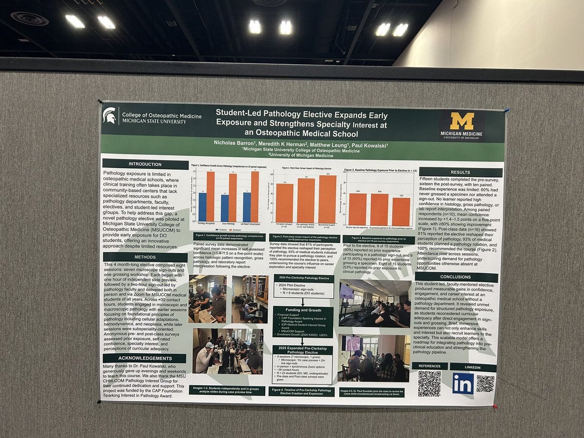 HendrixBarron's tweet image. Presented our work today at #USCAP2026 on a student-led, pre-clinical pathology elective at MSUCOM (sign-out style microscopy + a grossing workshop; hybrid in-person/Zoom; pre/post survey outcomes).

#USCAP #MakingConnections #Pathology #PathTwitter #MedEd #MedicalEducation