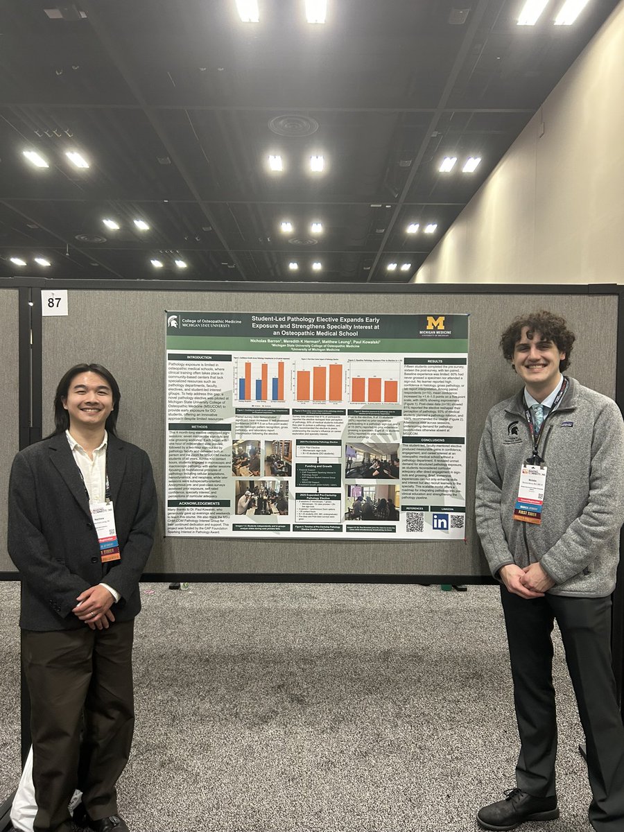 HendrixBarron's tweet image. Presented our work today at #USCAP2026 on a student-led, pre-clinical pathology elective at MSUCOM (sign-out style microscopy + a grossing workshop; hybrid in-person/Zoom; pre/post survey outcomes).

#USCAP #MakingConnections #Pathology #PathTwitter #MedEd #MedicalEducation