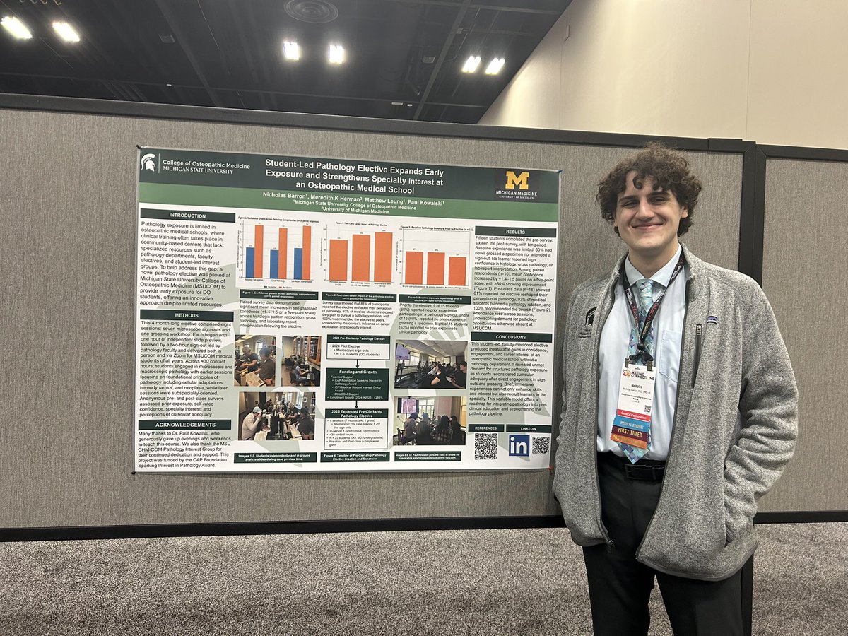 HendrixBarron's tweet image. Presented our work today at #USCAP2026 on a student-led, pre-clinical pathology elective at MSUCOM (sign-out style microscopy + a grossing workshop; hybrid in-person/Zoom; pre/post survey outcomes).

#USCAP #MakingConnections #Pathology #PathTwitter #MedEd #MedicalEducation