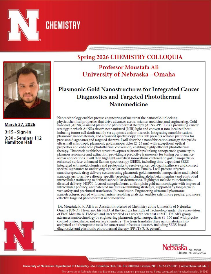 unlchemistry's tweet photo. This Friday, we have Professor Moustafa Ali from the University of Nebraska - Omaha joining us as our Colloquium speaker. Seminar begins at 3:30pm in room 112 Hamilton Hall https://t.co/wiG5CD5vzD