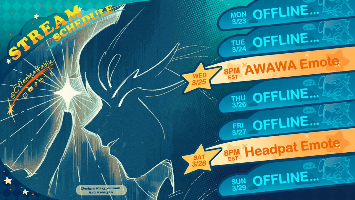 Effanineffably's tweet photo. ✨ Effanineffably Week 3/23 ✨

Catch me live on Twitch or Youtube!!
💫https://t.co/ZmkhLN5xDN
💫https://t.co/yZ7E1i0uTF
💫https://t.co/B0n2qXrTFW
💫Credits: @/lazy_omnom, @/zeniyan

#vtuber #streamschedule #twitchstreamer #youtubestreamer https://t.co/n4mDNSrejx