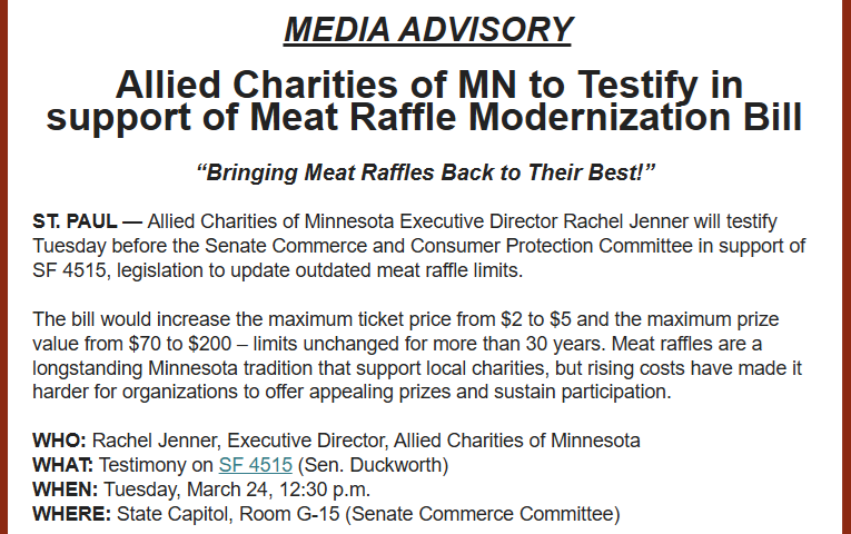 bmcclung's tweet photo. If this bill doesn't pass the #mnleg 134-0 &amp; 67-0 I won't know what to think anymore. Show up at the MN Senate Commerce Committee Tues 12:30p and support "Bringing Meat Raffles Back to Their Best!" #clientnews @AlliedCharities https://t.co/3AJBAW9Oc2