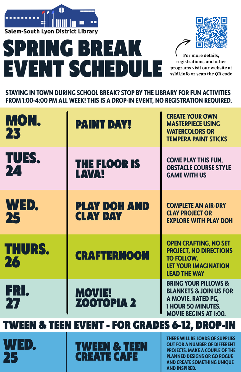 ssldl's tweet image. SCHOOL BREAK BOREDOM BUSTERS! 📷
Staying in town? Don't miss out on the action! Drop into the library all week long from 1:00-4:00 PM for hands-on fun. No registration needed—just bring your creativity!
#SchoolBreak #FreeActivities #LibraryFun #SouthLyon