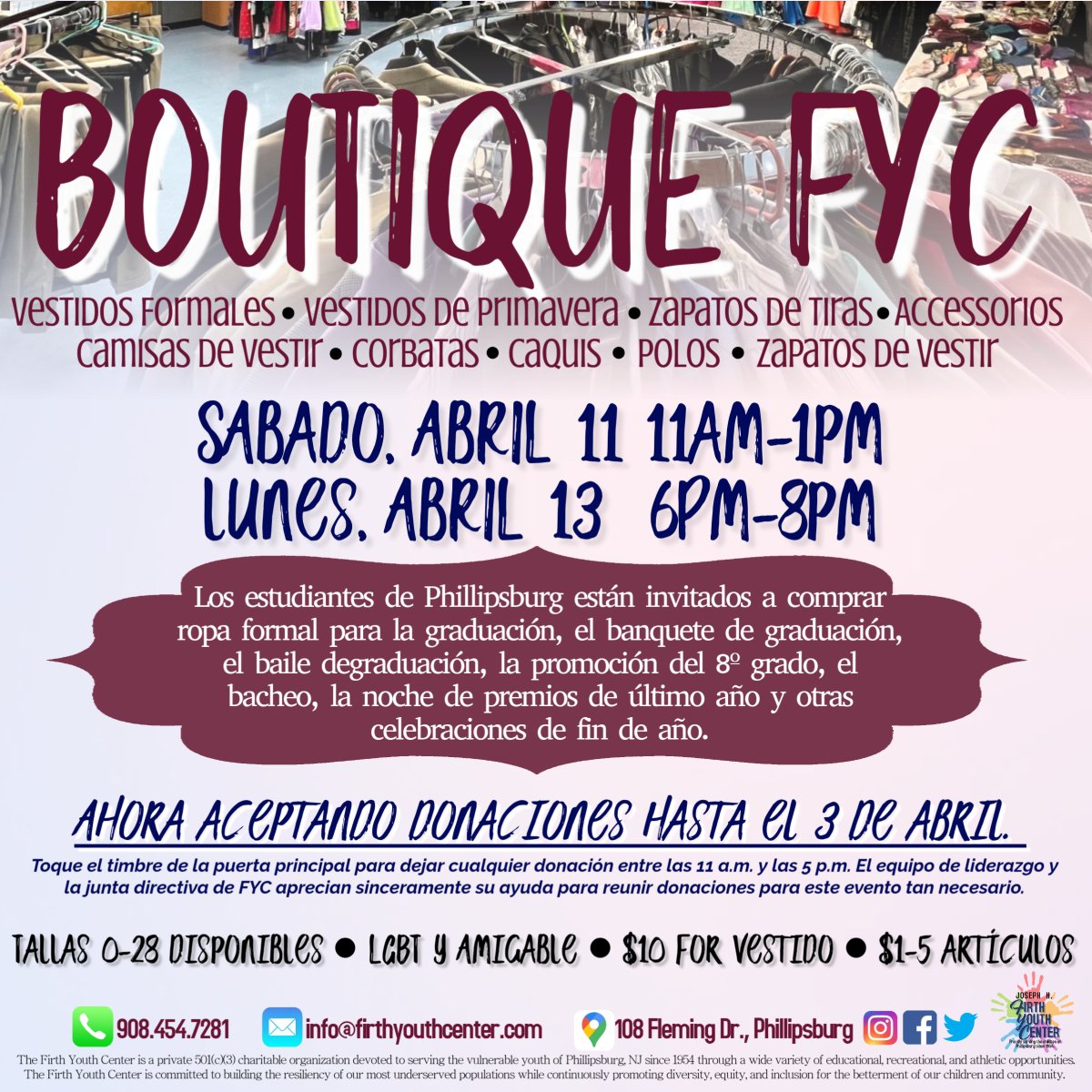 SAVE THE DATES! We're less than two weeks away from our annual FYC Boutique🥳

Sat., April 11th 11am-1pm
Mon., April 13th 6-8pm 

Please help spread the word about this event by sharing!