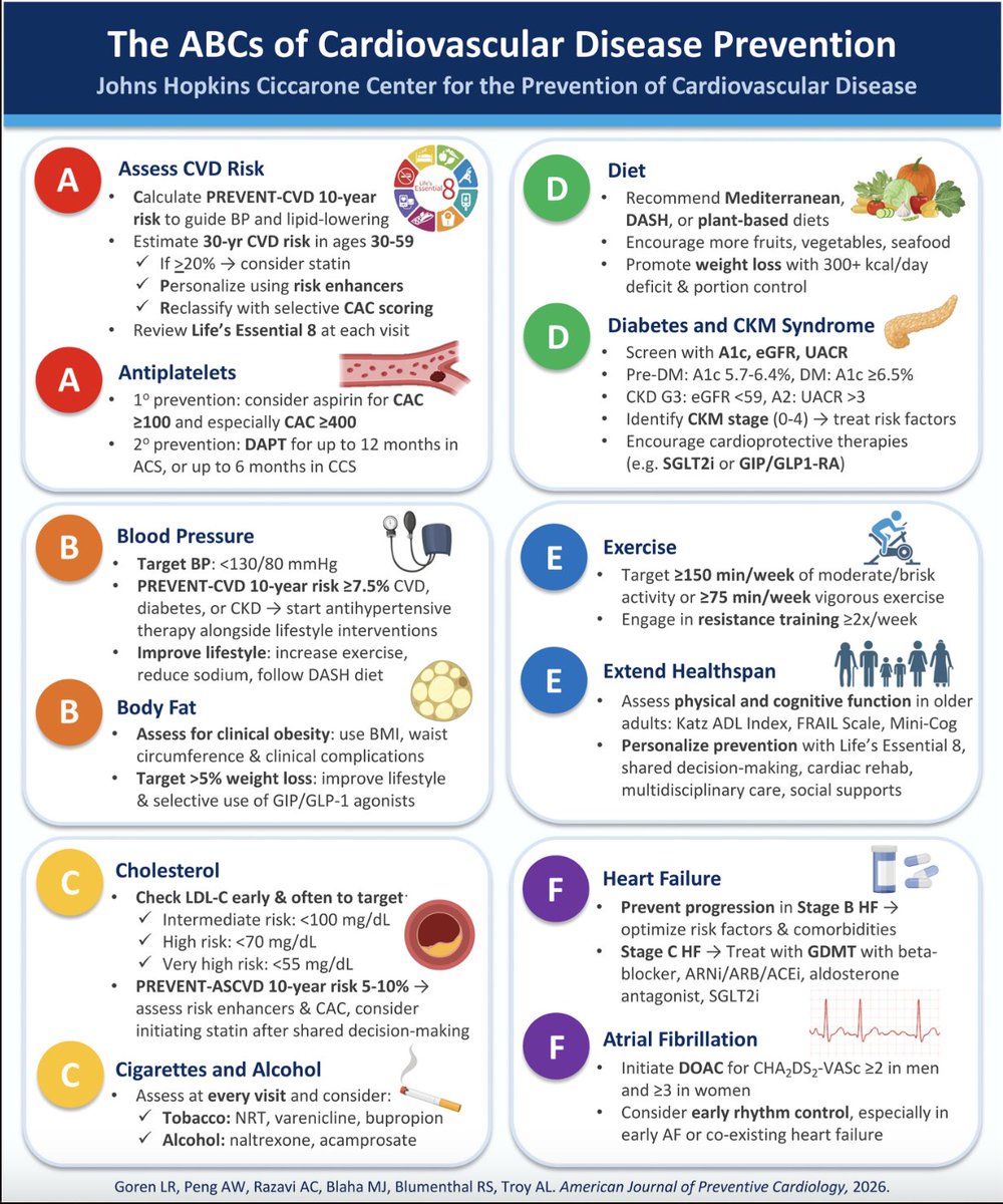 gonzaeperez's tweet photo. LOS "ABCs" DE LA PREVENCIÓN CARDIOVASCULAR
🔴Evaluación de riesgo CV
🔴Antiplaquetarios
🔴Presión arterial
🔴Grasa corporal
🔴Colesterol
🔴Consumo de alcohol y 🚬
🔴Dieta 
🔴Diabetes y síndrome cardiorenometabólico
🔴Ejercicio físico
🔴Prevención de IC
🔴Fibrilación auricular: anticoagulación y control de ritmo

Los suplementos "naturales" NO protegen tu corazón, al menos no hay ensayos clínicos así lo demuestren  🚫🚫

Vía @AJPCardio 

https://t.co/1aY3HDK9i6