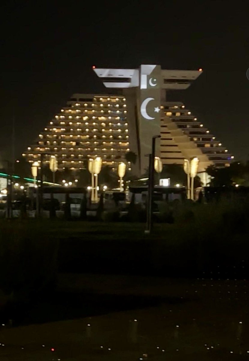 PakinQatar's tweet photo. To mark Pakistan Day, today Pakistan’s flag 🇵🇰 is illuminated across Doha’s skyline at Sheraton Hotel, The Torch (home to the world’s largest 360° external screen) and Al Jaber Twin Towers in Lusail, a striking tribute to unity, national pride &amp; enduring Pakistan–Qatar friendship https://t.co/m22H3Sf7bc
