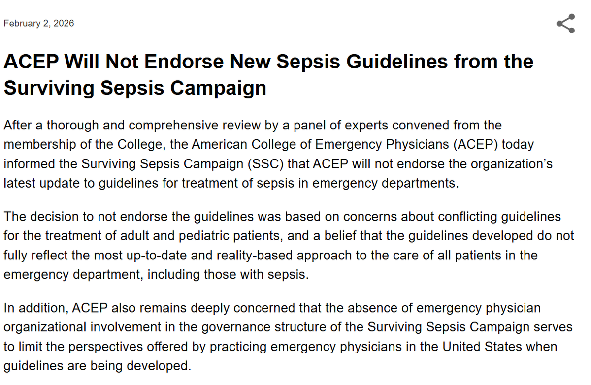 Another interesting news I came across- 
ACEP announced it would not endorse the SSC's latest update...
#MedTwitter #Sepsis