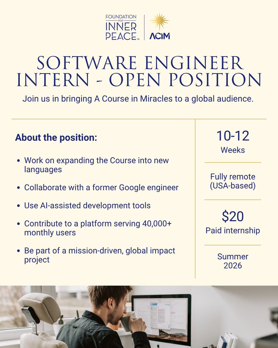 ACIMFoundation's tweet image. We’re opening a space this summer for a Software Engineer Intern to support the expansion of A Course in Miracles into new languages.

If this feels like something you’d like to be part of, we’d love to hear from you. 💙

👉  acim.org/software-inter…

#acourseinmiracles #acim